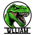 Close-up detail of a vivid green Tyrannosaurus head and teeth on a circular metal sign