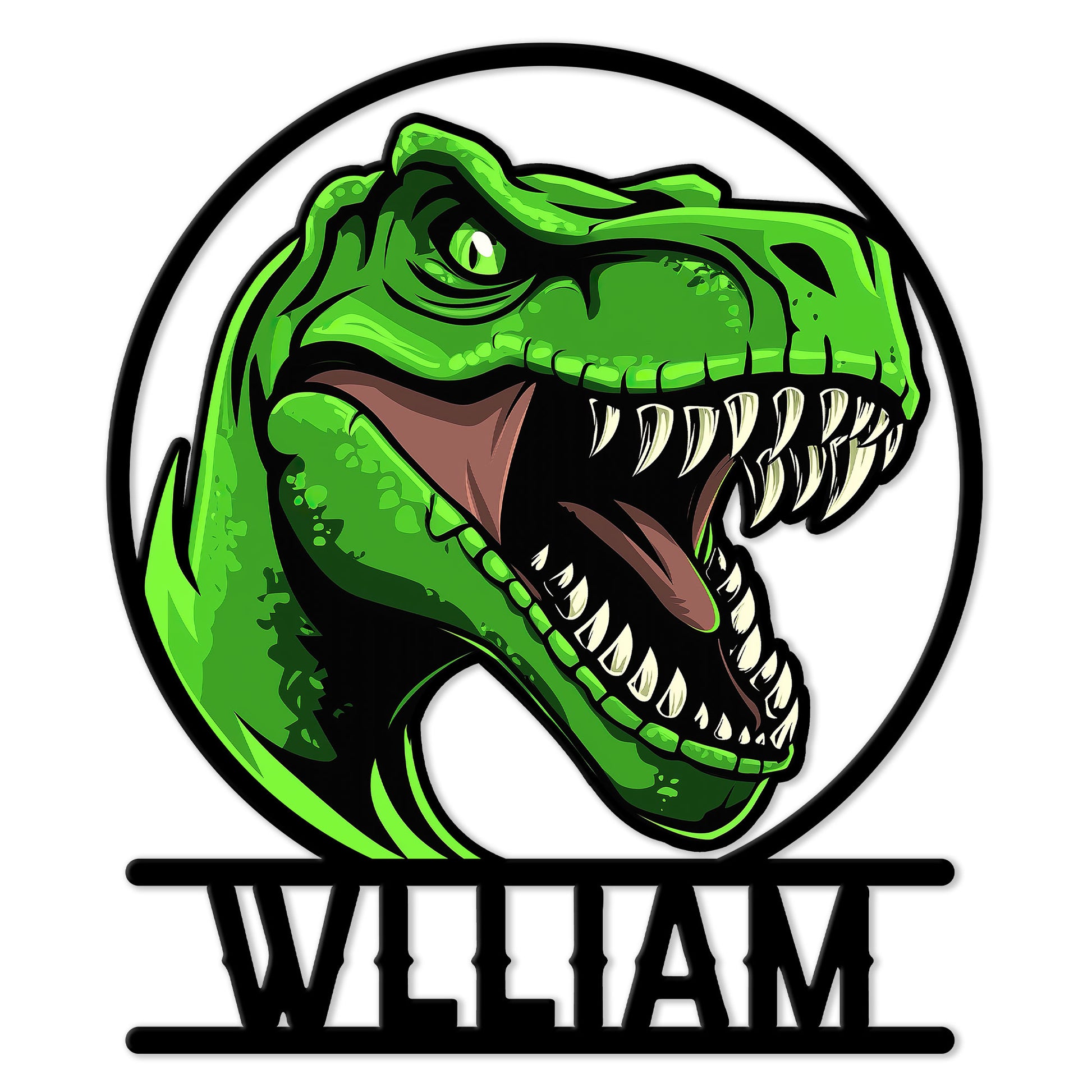 Close-up detail of a vivid green Tyrannosaurus head and teeth on a circular metal sign
