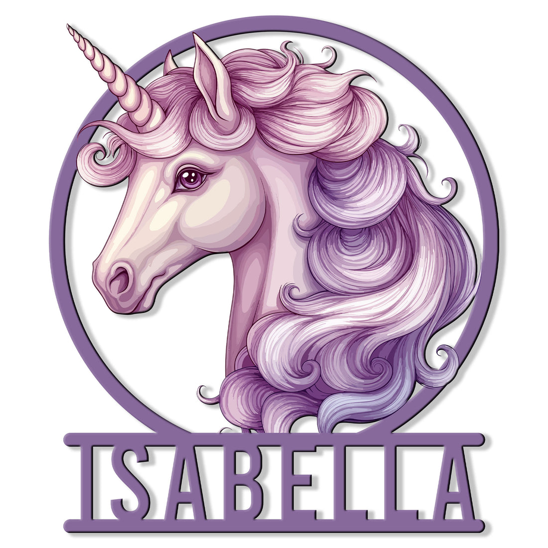Lavender unicorn portrait metal sign with a flowing mane, spiral horn, and bold lower nameplate design