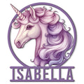 Lavender unicorn portrait metal sign with a flowing mane, spiral horn, and bold lower nameplate design