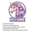 Unicorn metal sign feature graphic highlighting the cut metal design and display options