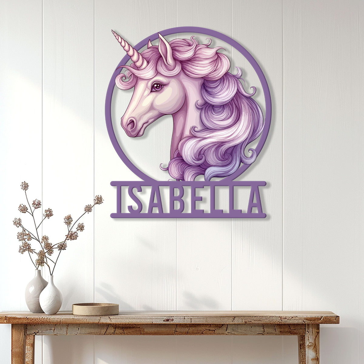 Lavender unicorn metal sign displayed on a white paneled wall above a rustic console table