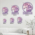 Unicorn metal sign size guide showing six square size options in a bright living room setting