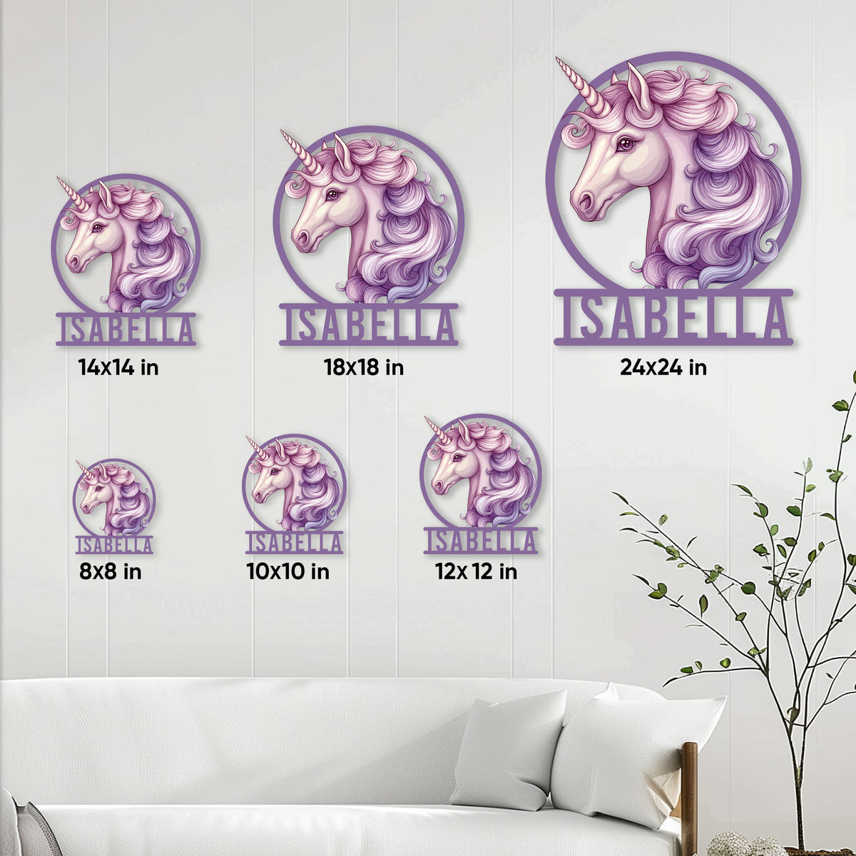 Unicorn metal sign size guide showing six square size options in a bright living room setting