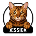Custom Bengal cat metal sign featuring a detailed spotted tabby portrait with paws over a black plaque