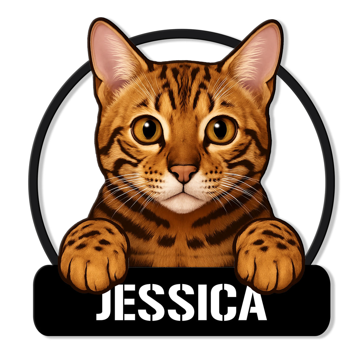 Custom Bengal cat metal sign featuring a detailed spotted tabby portrait with paws over a black plaque