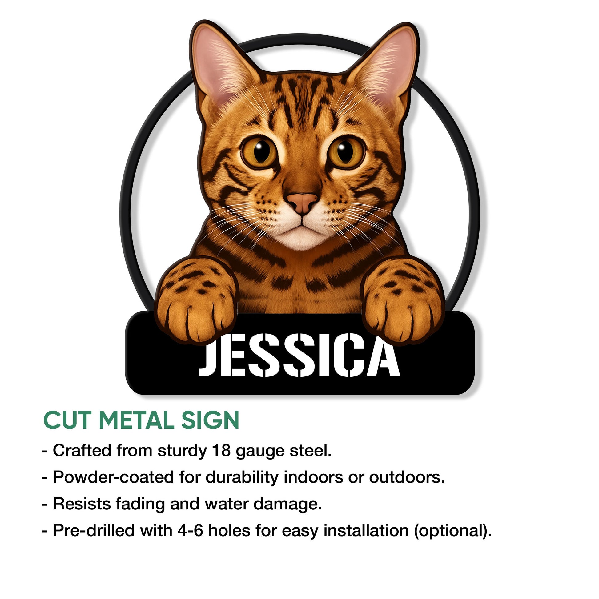 Bengal cat metal sign product graphic showing the illustrated tabby design and cut metal sign features