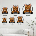Bengal cat metal sign size guide showing six available square size options in a living room setting