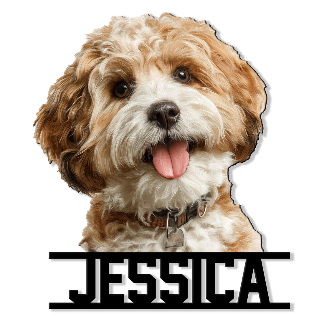 Close-up Maltipoo portrait metal sign with a fluffy brown and white dog design