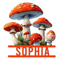 Colorful mushroom metal sign featuring a cluster of red and orange caps with blue-gray gills and woodland greenery
