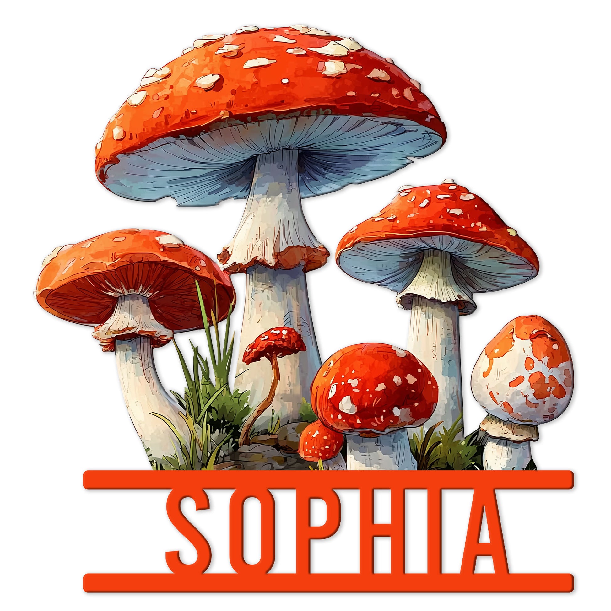 Colorful mushroom metal sign featuring a cluster of red and orange caps with blue-gray gills and woodland greenery