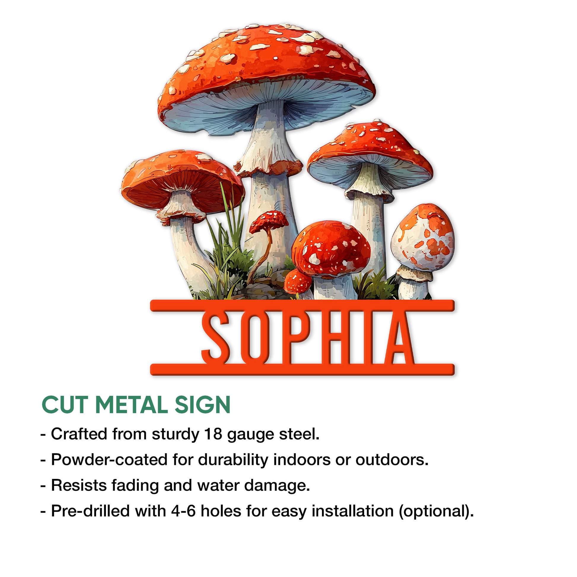 Mushroom metal sign shown with cut-steel construction, powder coating, and optional pre-drilled mounting holes
