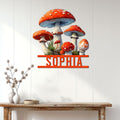 Mushroom wall sign displayed on a light wood-paneled wall above a rustic console table