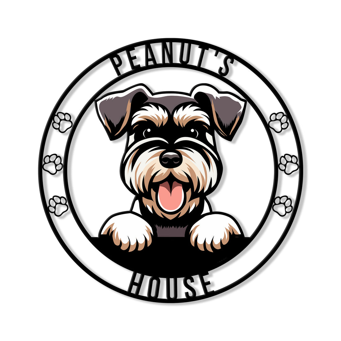 Custom Miniature Schnauzer metal sign featuring a cheerful dog portrait and paw print border