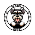 Custom Miniature Schnauzer metal sign featuring a cheerful dog portrait and paw print border