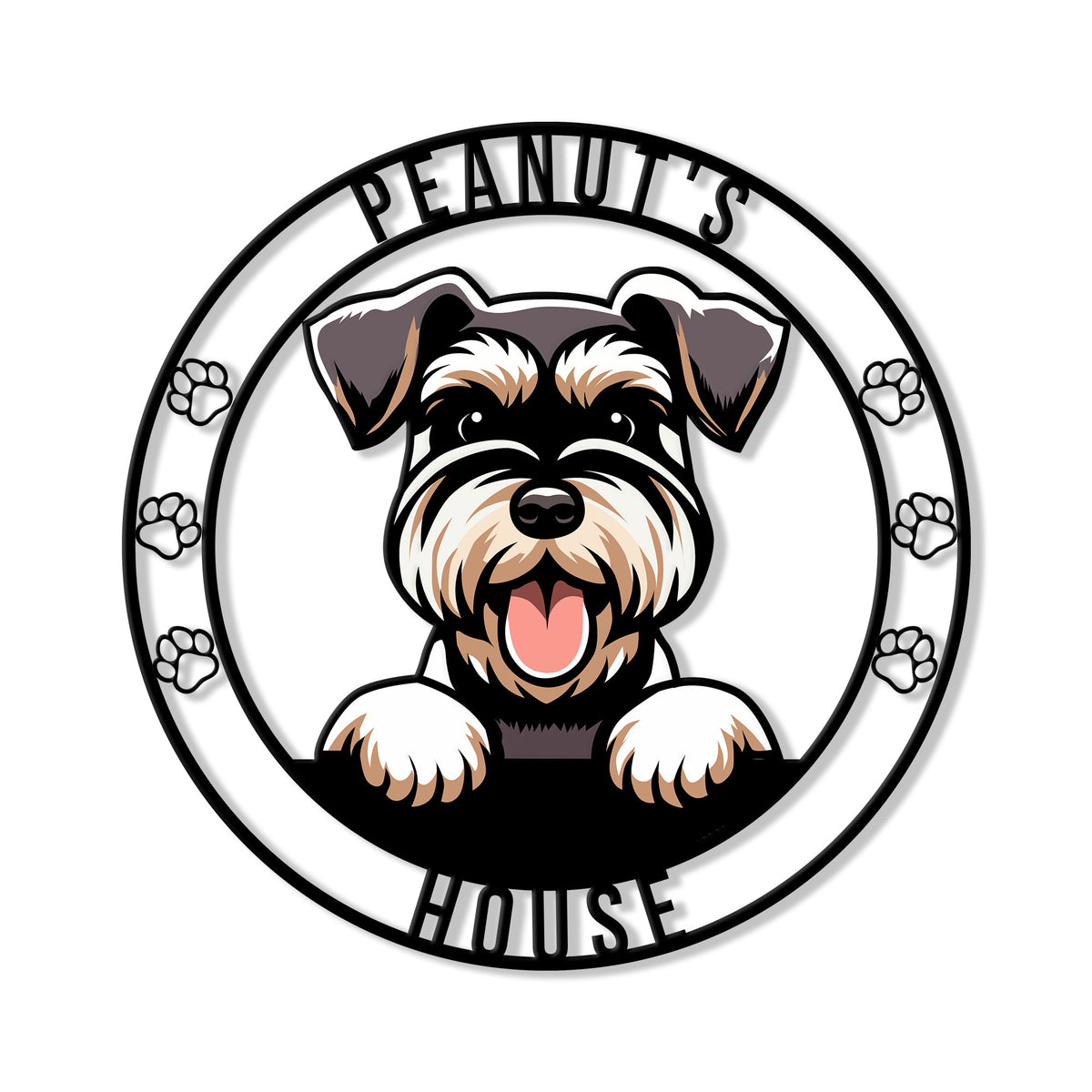 Custom Miniature Schnauzer metal sign featuring a cheerful dog portrait and paw print border