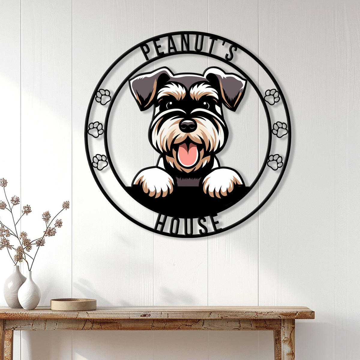 Miniature Schnauzer metal wall sign displayed on a bright entryway wall