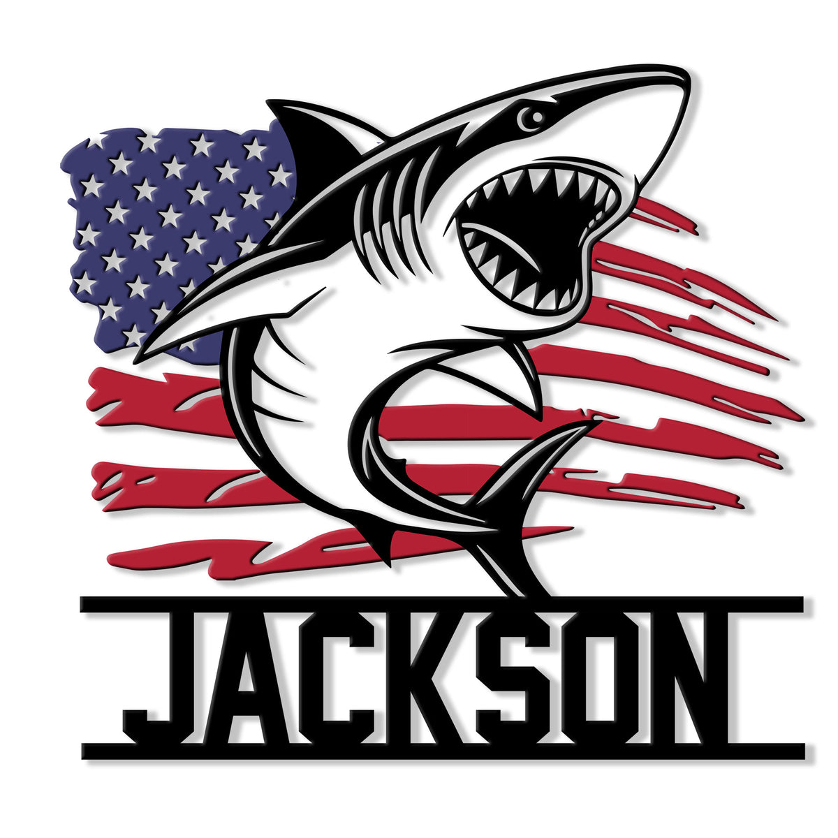 Patriotic shark metal sign featuring a fierce shark over a distressed American flag design
