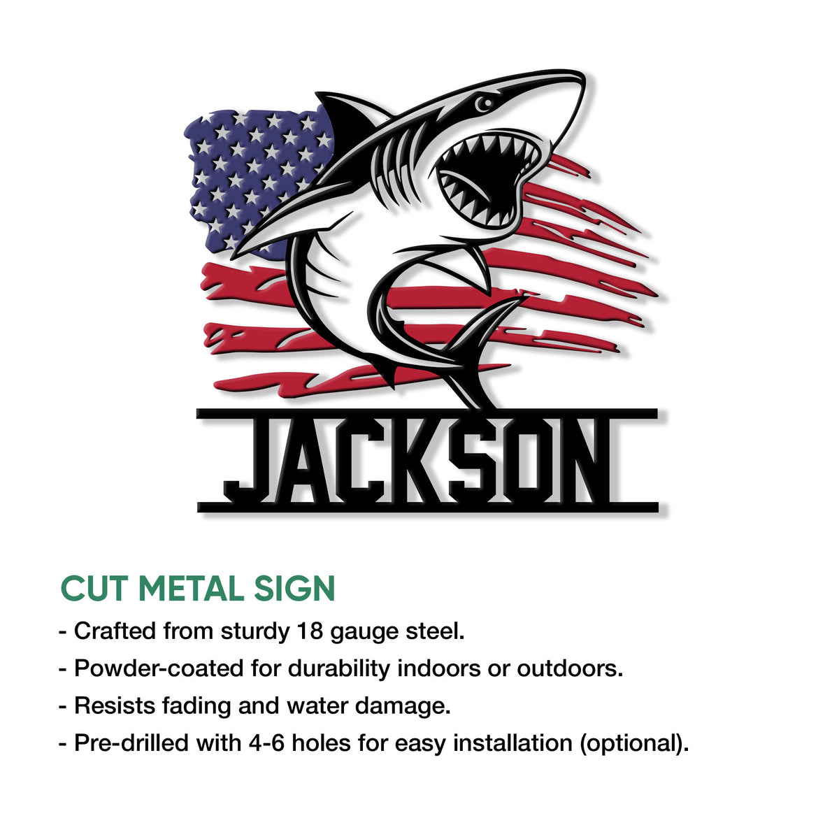 Shark metal sign feature graphic showing the patriotic shark artwork and product presentation details