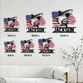 Shark metal sign size guide showing multiple square size options in a living room setting