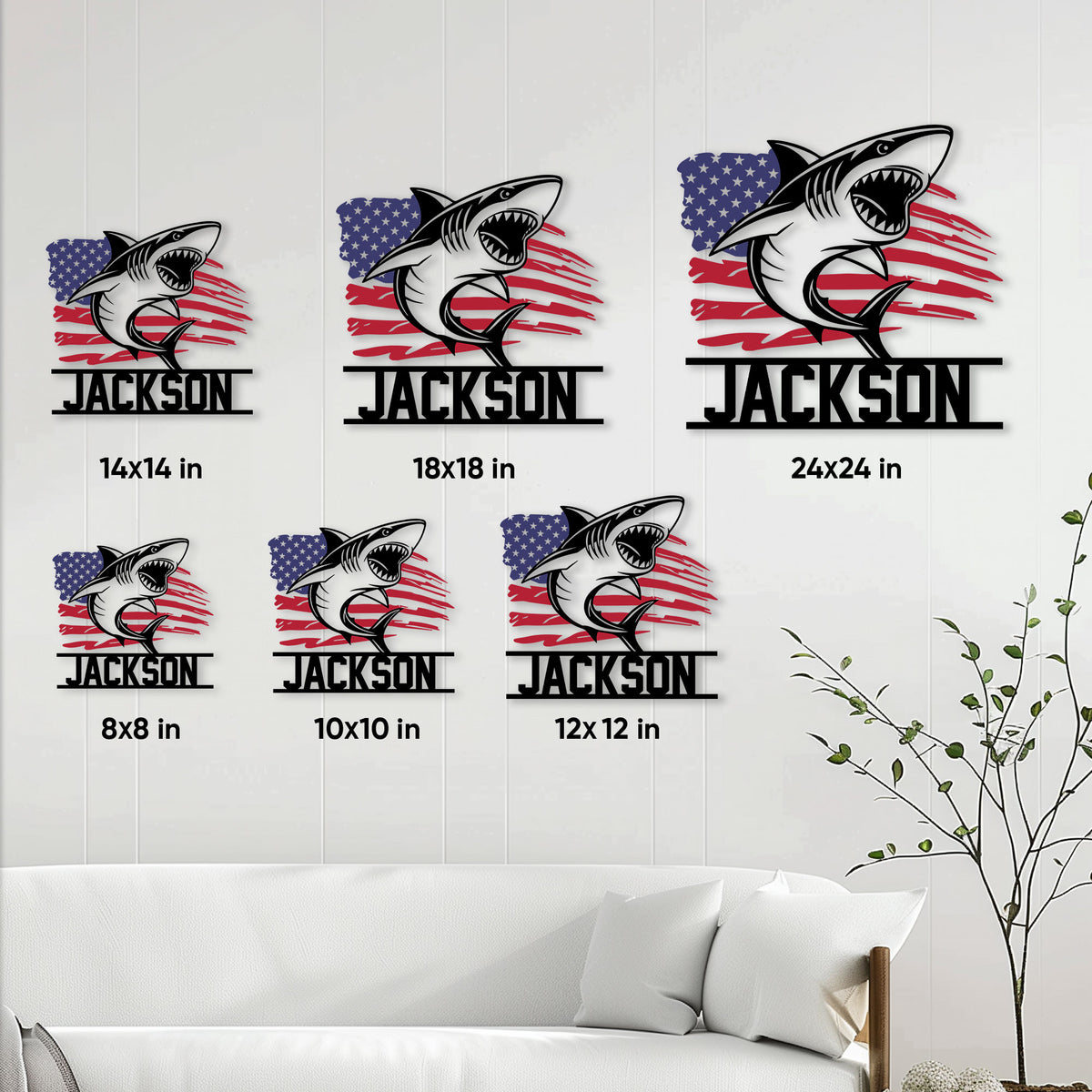 Shark metal sign size guide showing multiple square size options in a living room setting