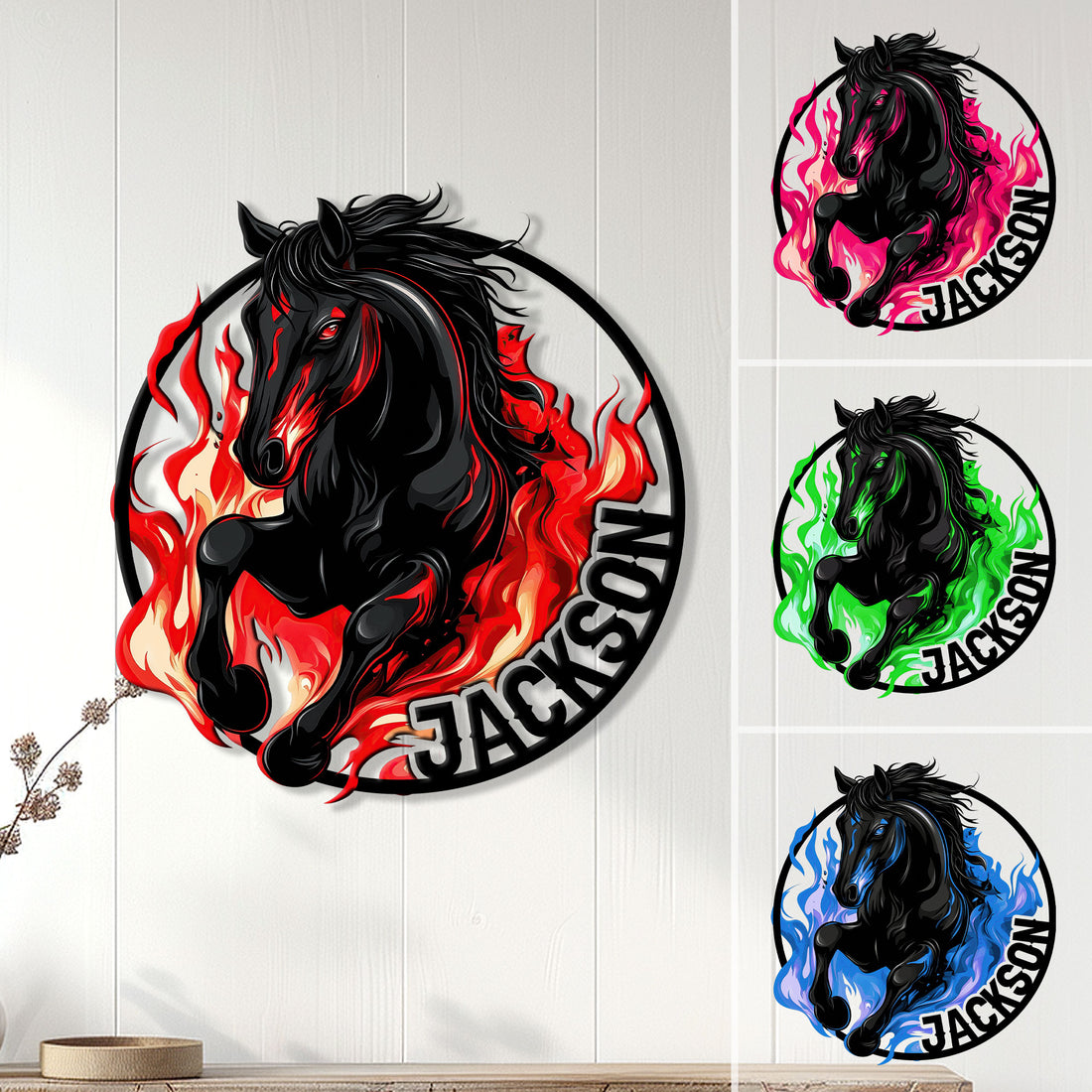 Fiery black horse metal sign displayed on a wall with red, pink, green, and blue color variations