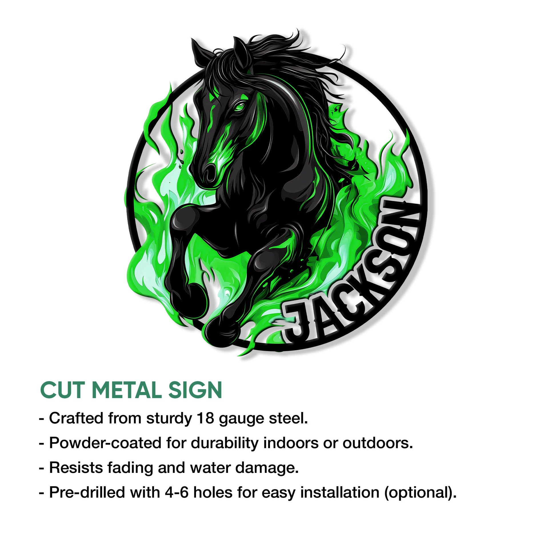 Close-up of a rearing black horse surrounded by vivid green flames on a circular metal sign