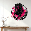 Fiery pink horse wall sign styled above a console table in a bright home interior
