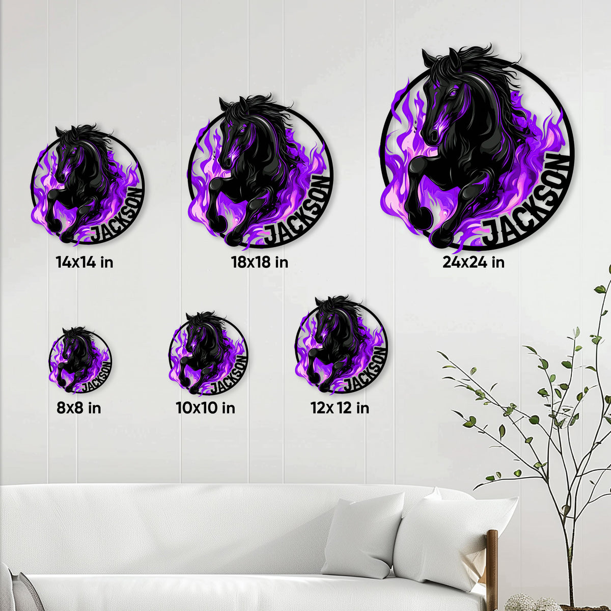 Horse metal sign size guide showing available round sizes from 8 by 8 to 24 by 24 inches