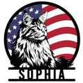 Maine Coon metal sign featuring a detailed long-haired cat portrait with an American flag background