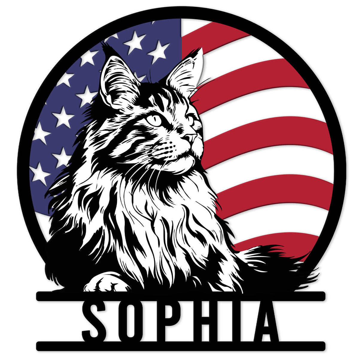 Maine Coon metal sign featuring a detailed long-haired cat portrait with an American flag background