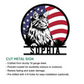 Maine Coon patriotic metal sign shown in a product feature graphic with a bold cat portrait and flag design