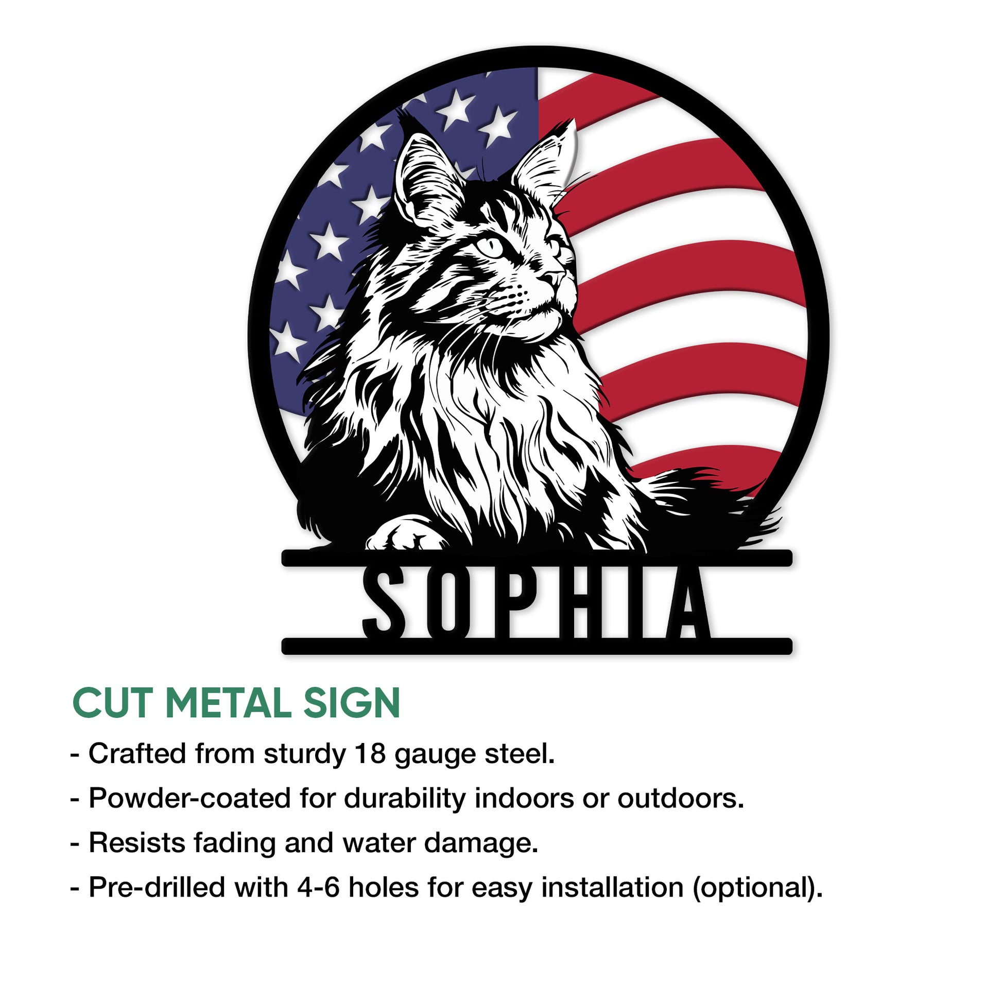 Maine Coon patriotic metal sign shown in a product feature graphic with a bold cat portrait and flag design