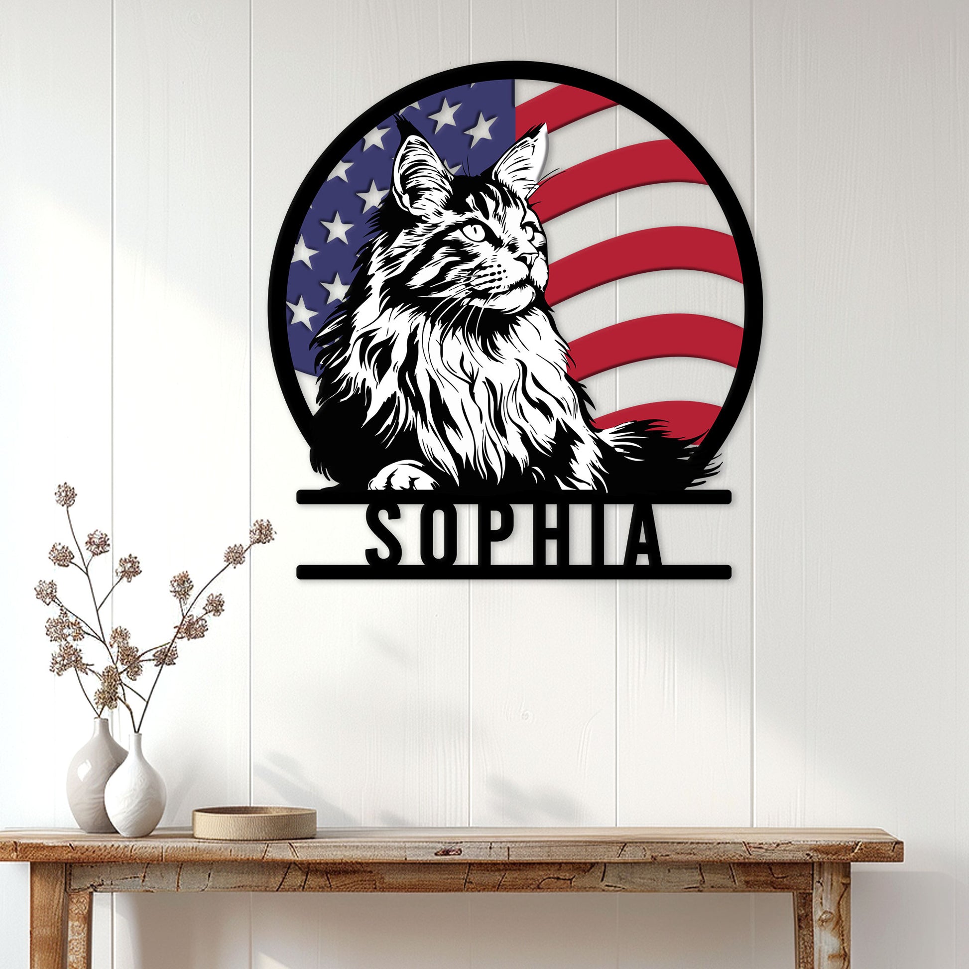 Patriotic Maine Coon cat metal sign displayed as wall decor above a wood console table