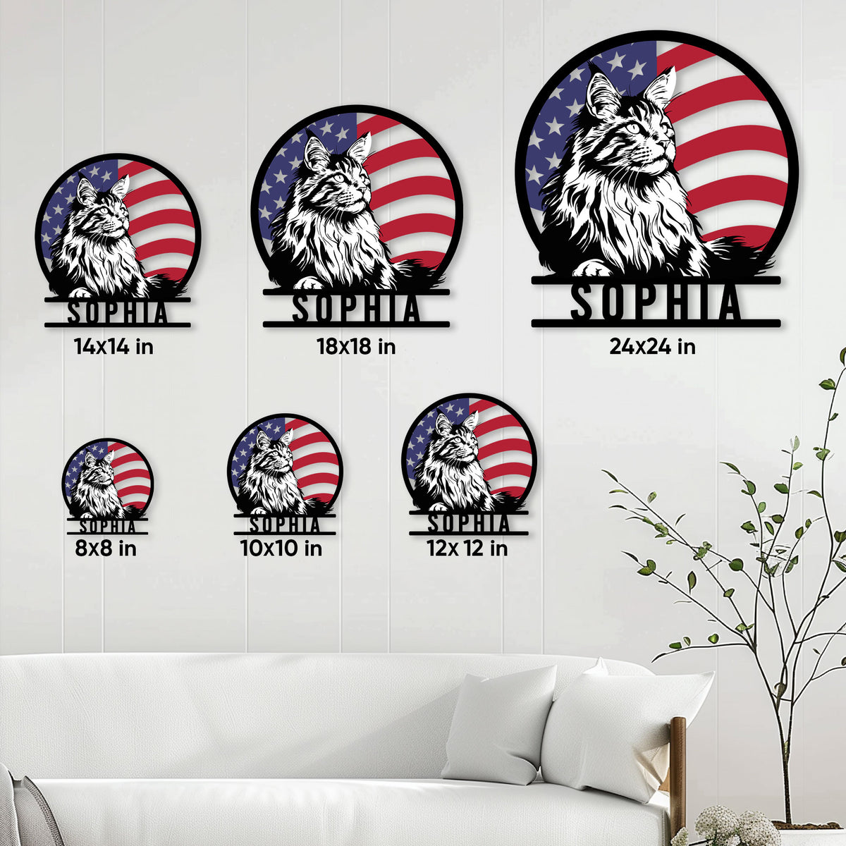 Maine Coon American flag metal sign shown in multiple size options on a bright living room wall