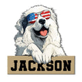 Great Pyrenees metal sign featuring a fluffy dog wearing American flag sunglasses