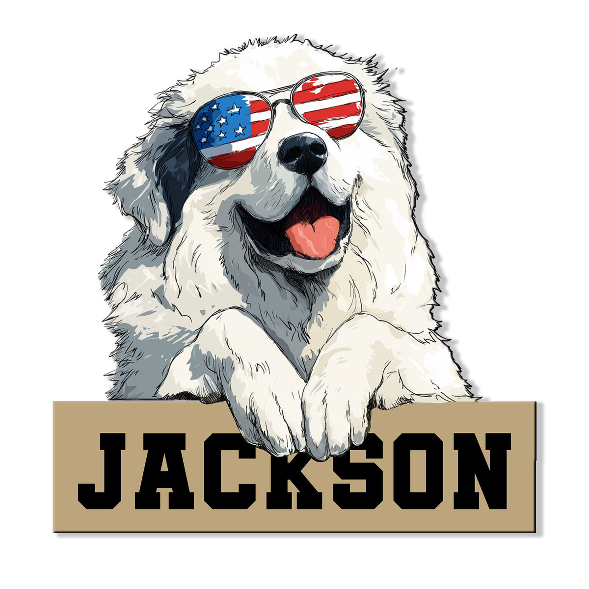 Great Pyrenees metal sign featuring a fluffy dog wearing American flag sunglasses