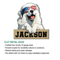 Cut metal Great Pyrenees sign with a cheerful patriotic dog wearing flag sunglasses
