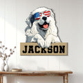 Great Pyrenees wall sign displayed in a bright home entryway with patriotic dog artwork