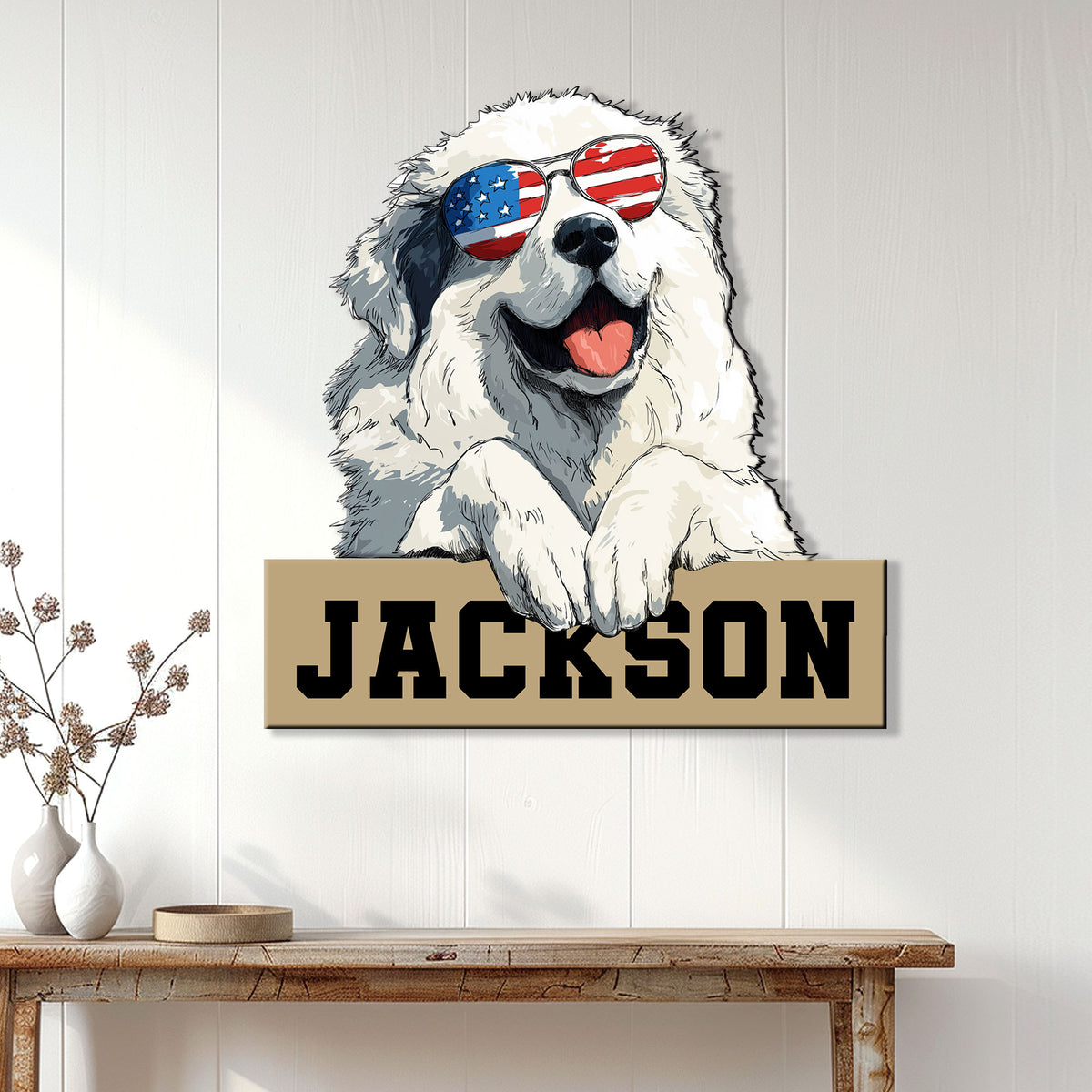 Great Pyrenees wall sign displayed in a bright home entryway with patriotic dog artwork