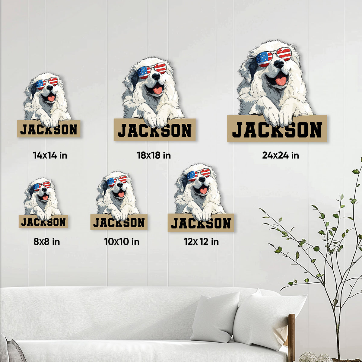 Great Pyrenees metal sign size guide showing available square sizes from 8 by 8 to 24 by 24 inches