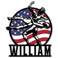 Patriotic wrestling metal sign featuring a grappling wrestler silhouette over an American flag