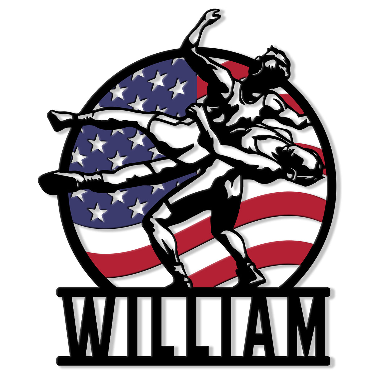 Patriotic wrestling metal sign featuring a grappling wrestler silhouette over an American flag