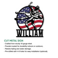Patriotic wrestler metal sign shown in a product feature infographic with installation options