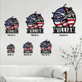 Wrestling metal sign size guide showing multiple square size options in a living room setting