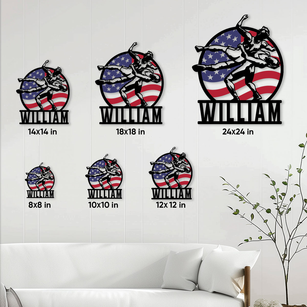Wrestling metal sign size guide showing multiple square size options in a living room setting