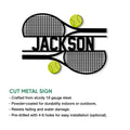 Tennis racket metal sign shown with cut steel sign details and presentation features