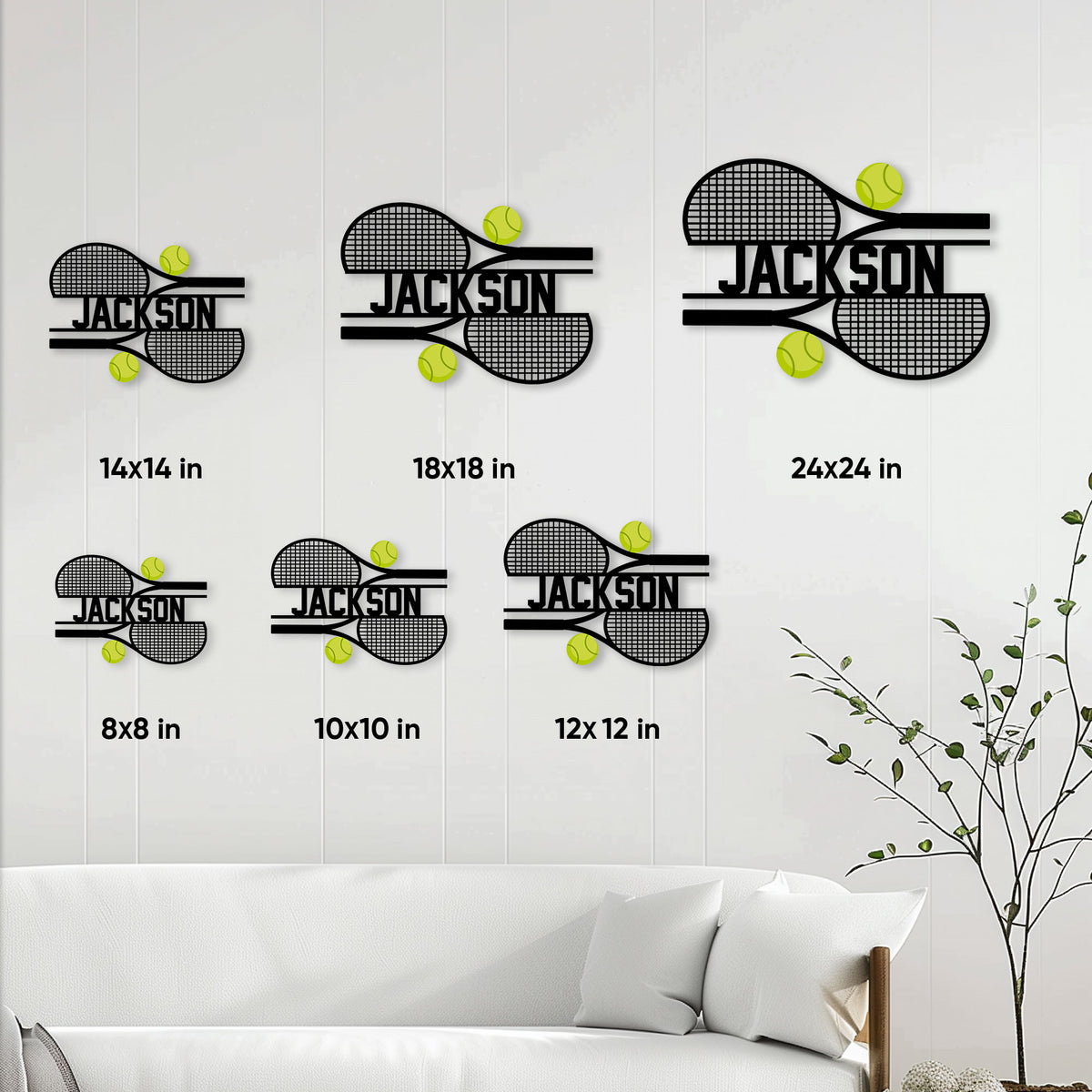 Tennis racket metal sign size guide showing available square sizes from 8 by 8 to 24 by 24 inches
