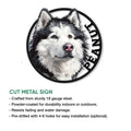 Alaskan Malamute metal sign shown with product features including steel construction and indoor or outdoor use