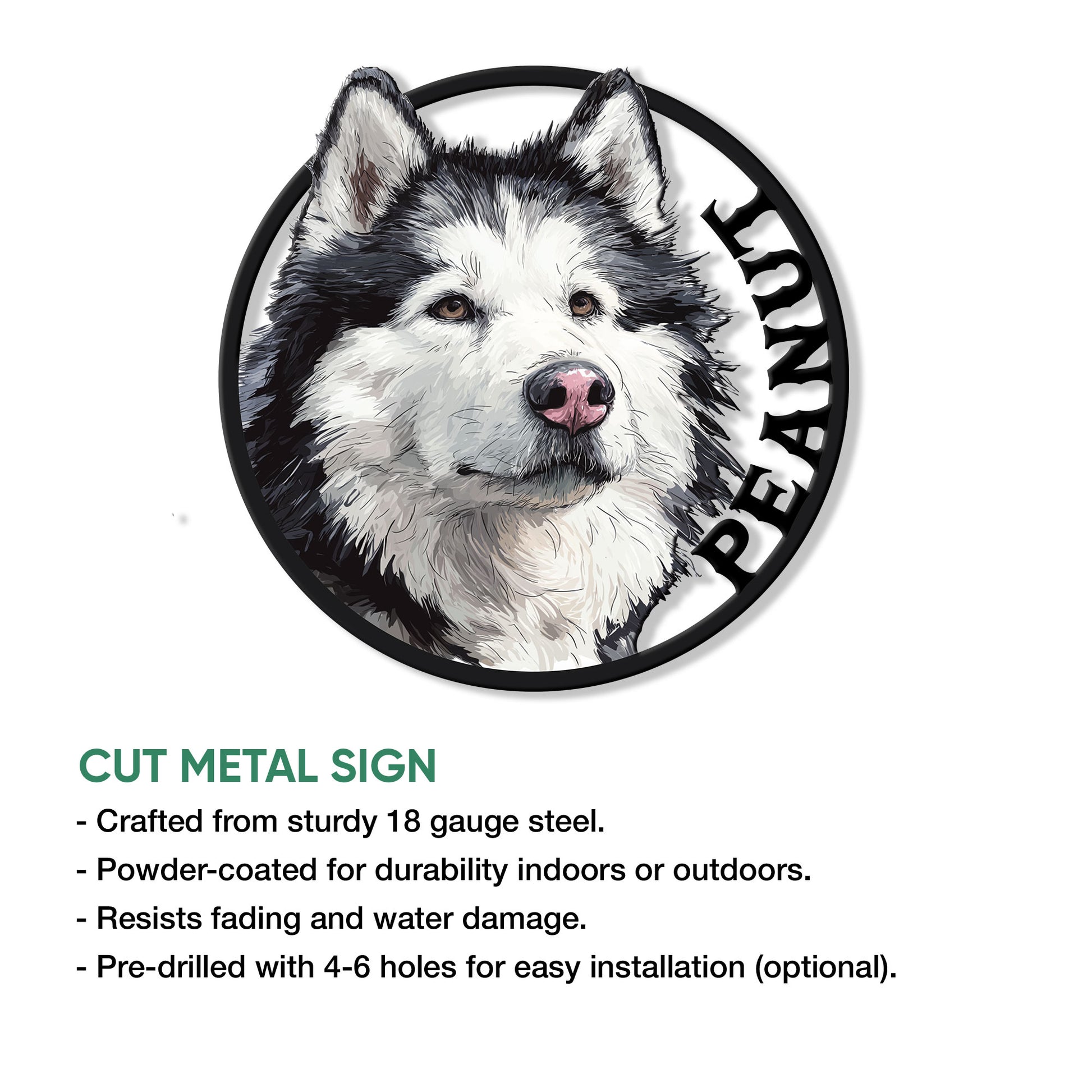 Alaskan Malamute metal sign shown with product features including steel construction and indoor or outdoor use